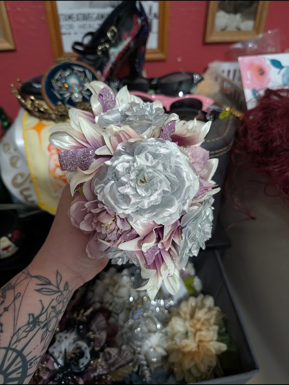 Pink & Silver Floral Hair Clips - Sparkling Petal Accents - Picture 12 of 12